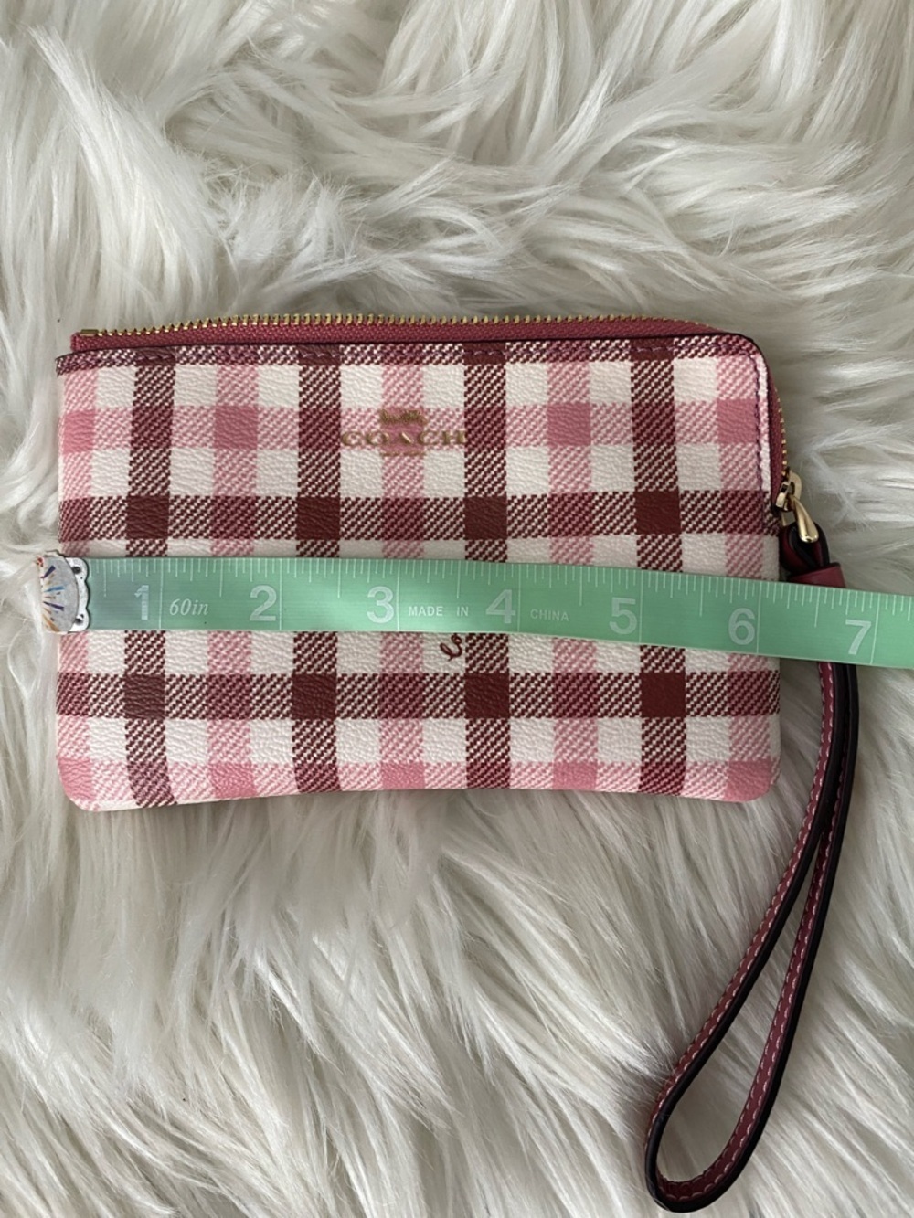 Coach Pink and White Plaid Wristlet with Gold Logo - Picture 6 of 8
